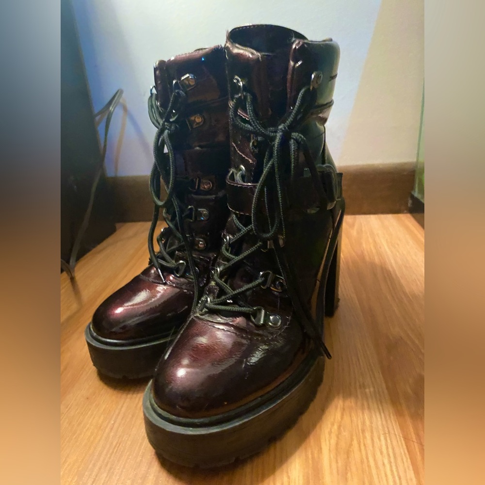 GBG Dark Red Magenta Platform Combat Boots